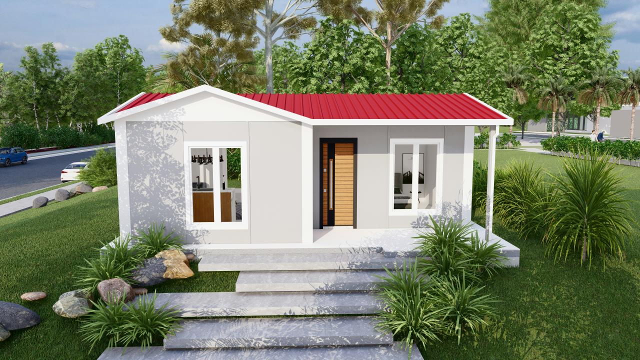 A small, modern prefabricated house with a red roof.