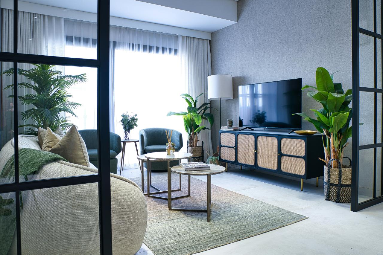 Modern living room with sofa, television, and plants