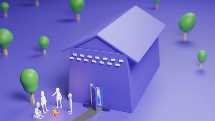 a purple house surrounded by small green trees