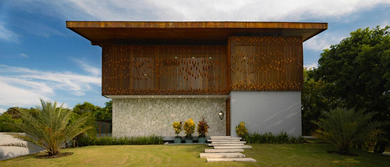 Modern house with wooden facade and stone accents.