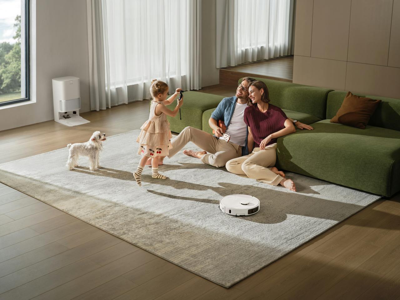 Family and dog relaxing on living room floor